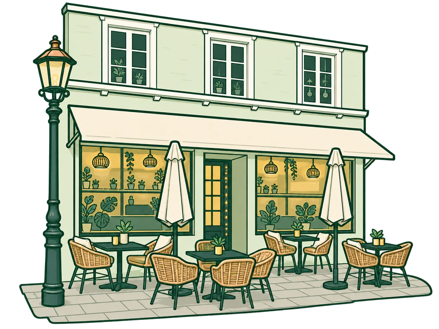 Illustration der Findelkind-Fassade in Esslingen mit Markise und Rattanstühlen.
