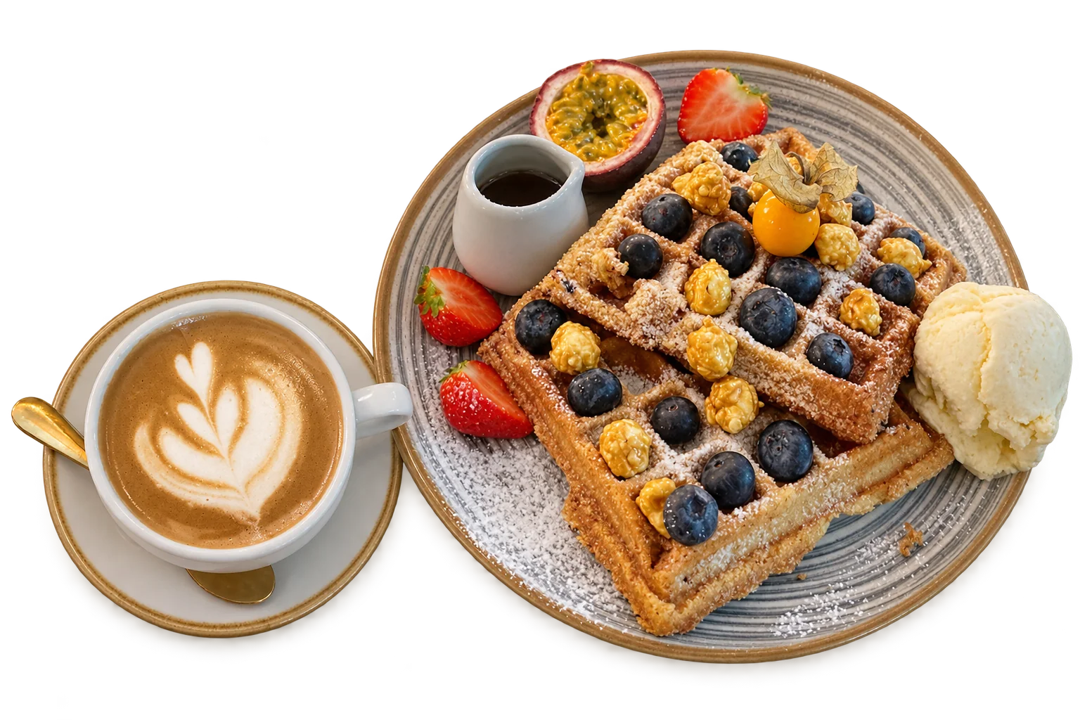 Belgische Waffeln mit Früchten und ein Cappuccino